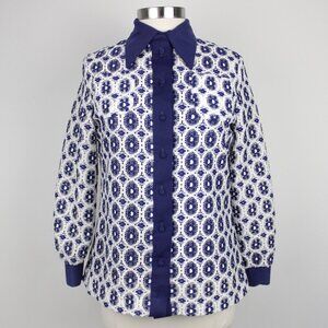 Vintage 70s 2-Piece Lace Overlay Blue + White Blouse